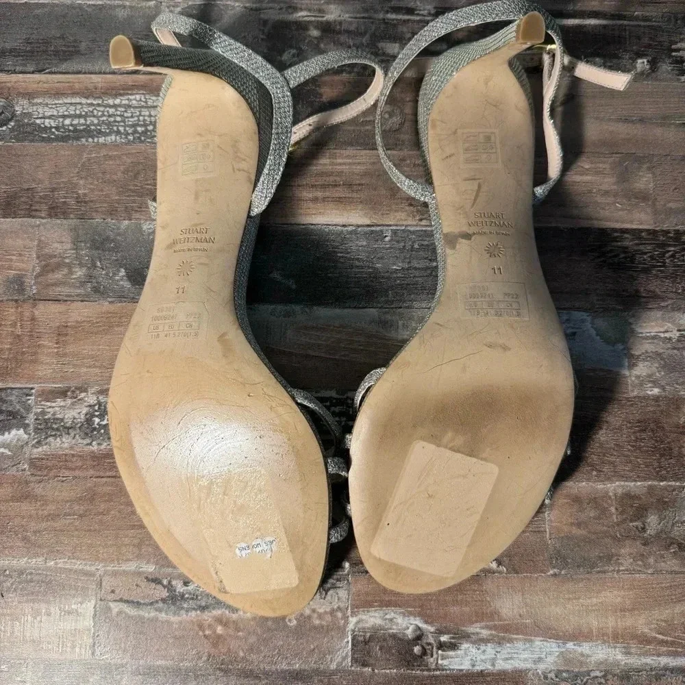 Stuart Weitzman Silver Ankle Buckle Strap Heels‎ Women Size 11 Like New